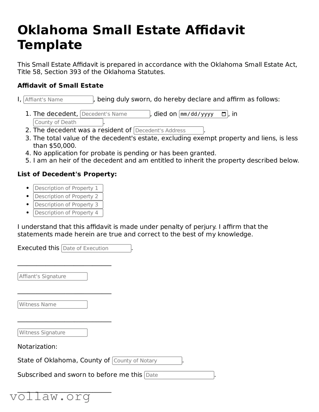 Attorney-Verified  Small Estate Affidavit Form for Oklahoma