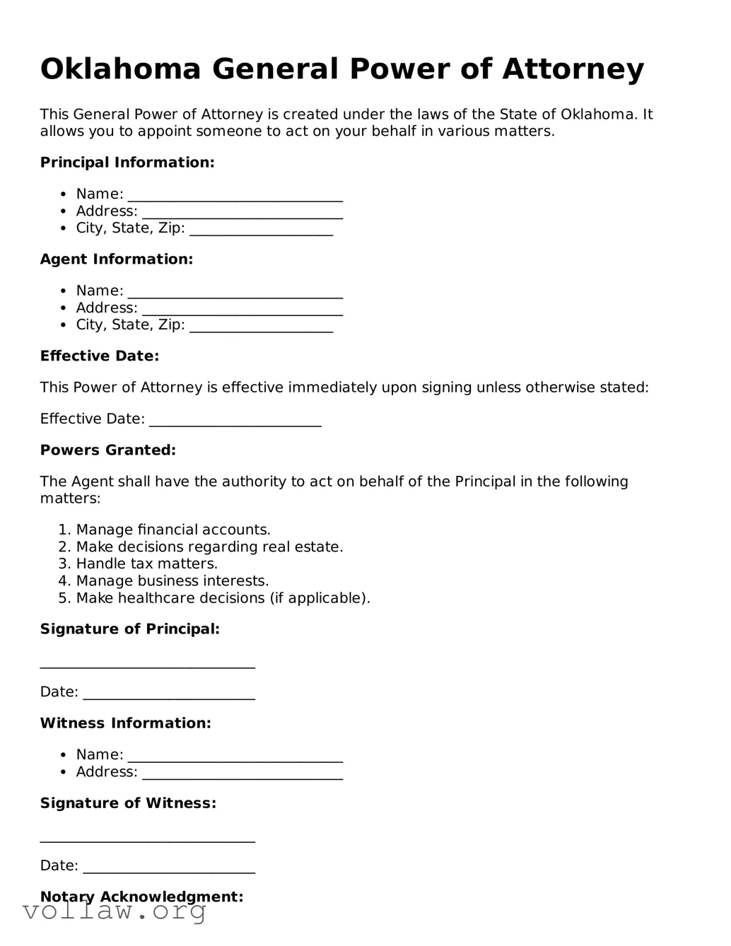 Attorney-Verified  General Power of Attorney Form for Oklahoma