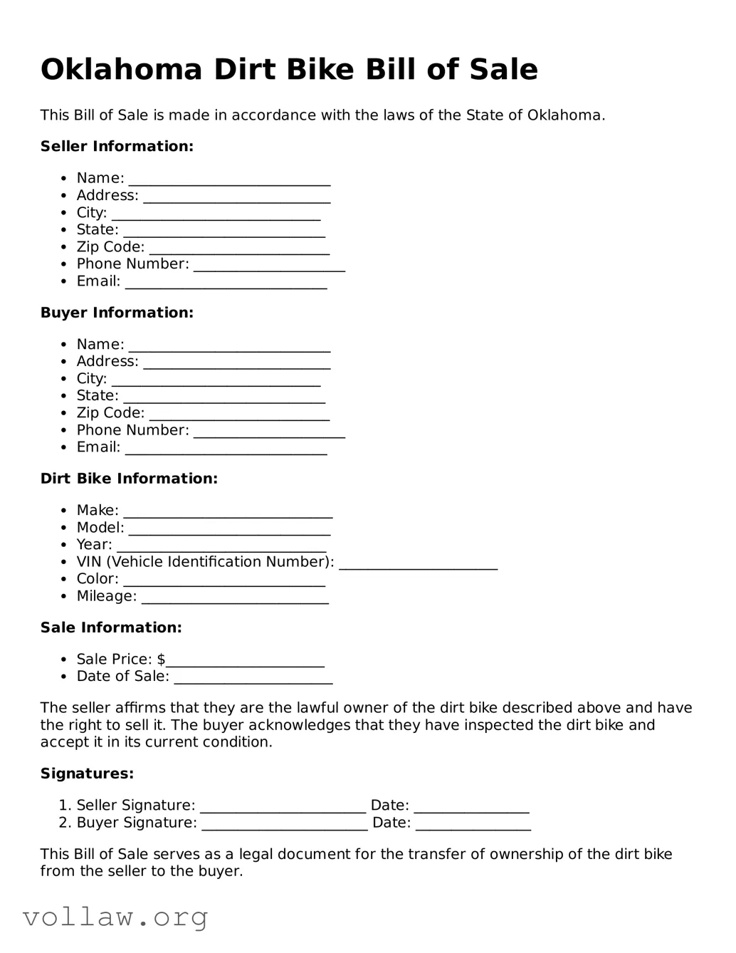 Attorney-Verified  Dirt Bike Bill of Sale Form for Oklahoma