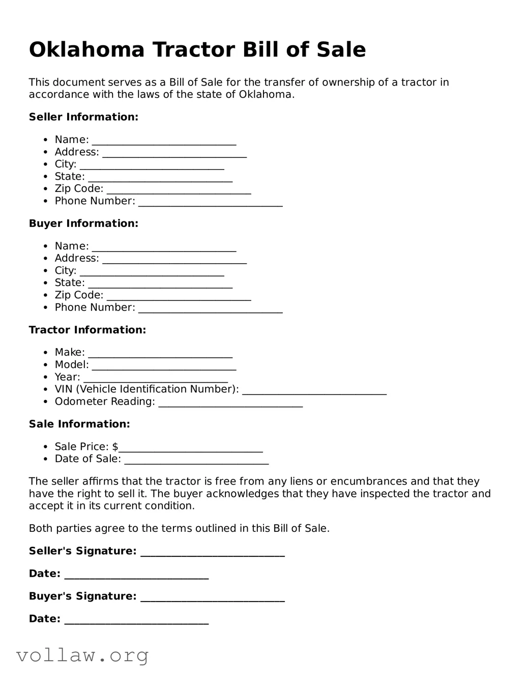 Attorney-Verified  Tractor Bill of Sale Form for Oklahoma
