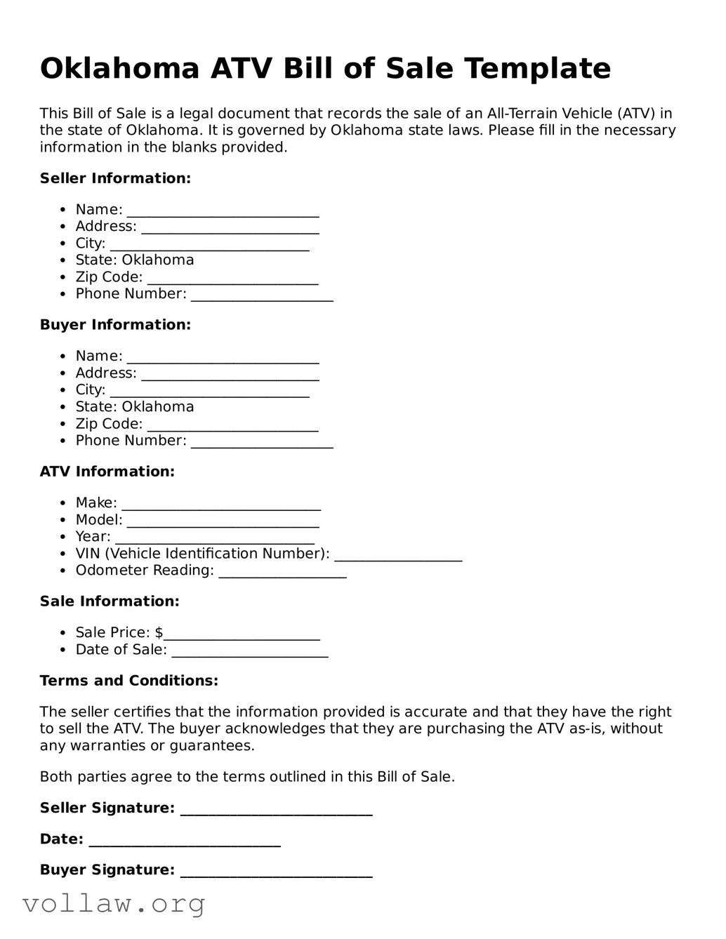 Attorney-Verified  ATV Bill of Sale Form for Oklahoma