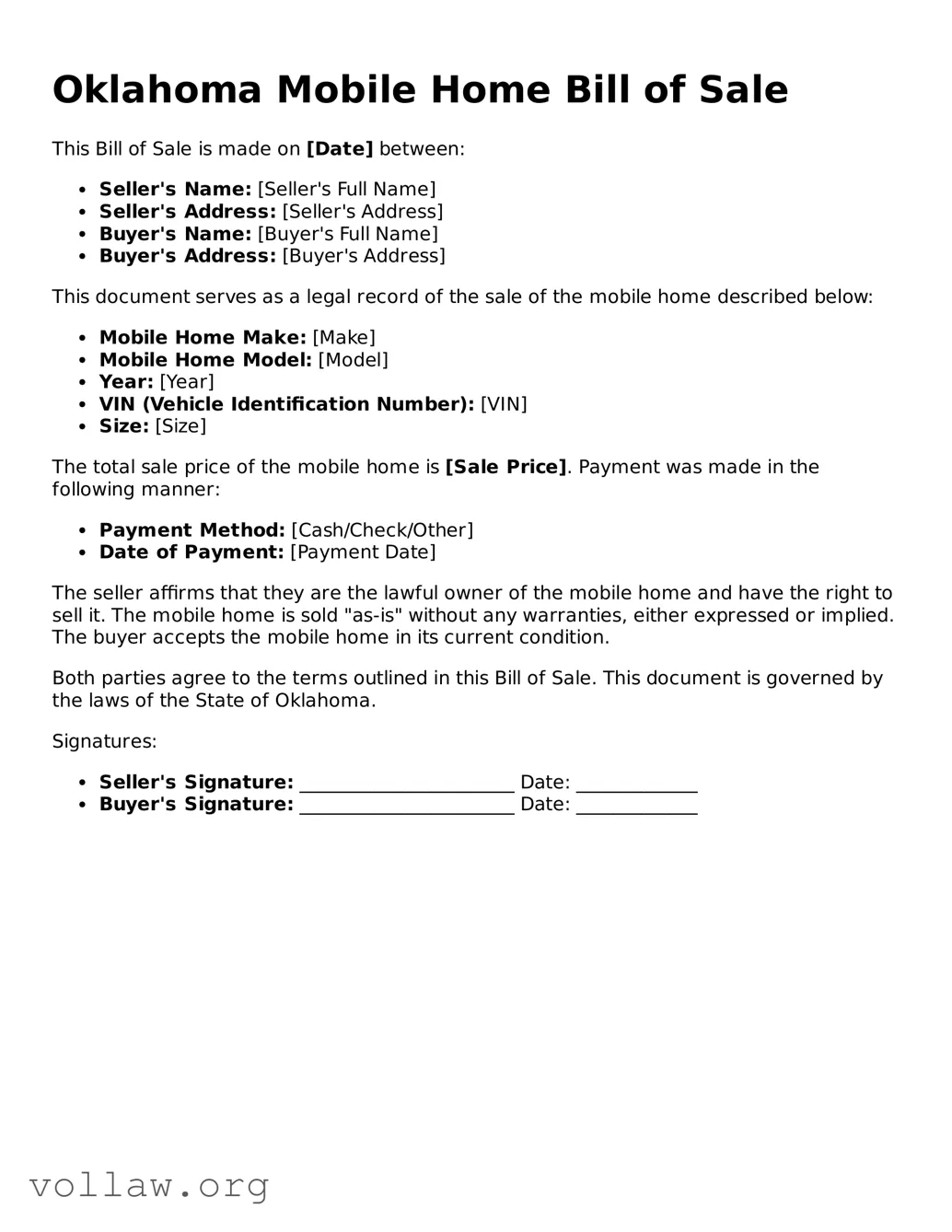 Attorney-Verified  Mobile Home Bill of Sale Form for Oklahoma