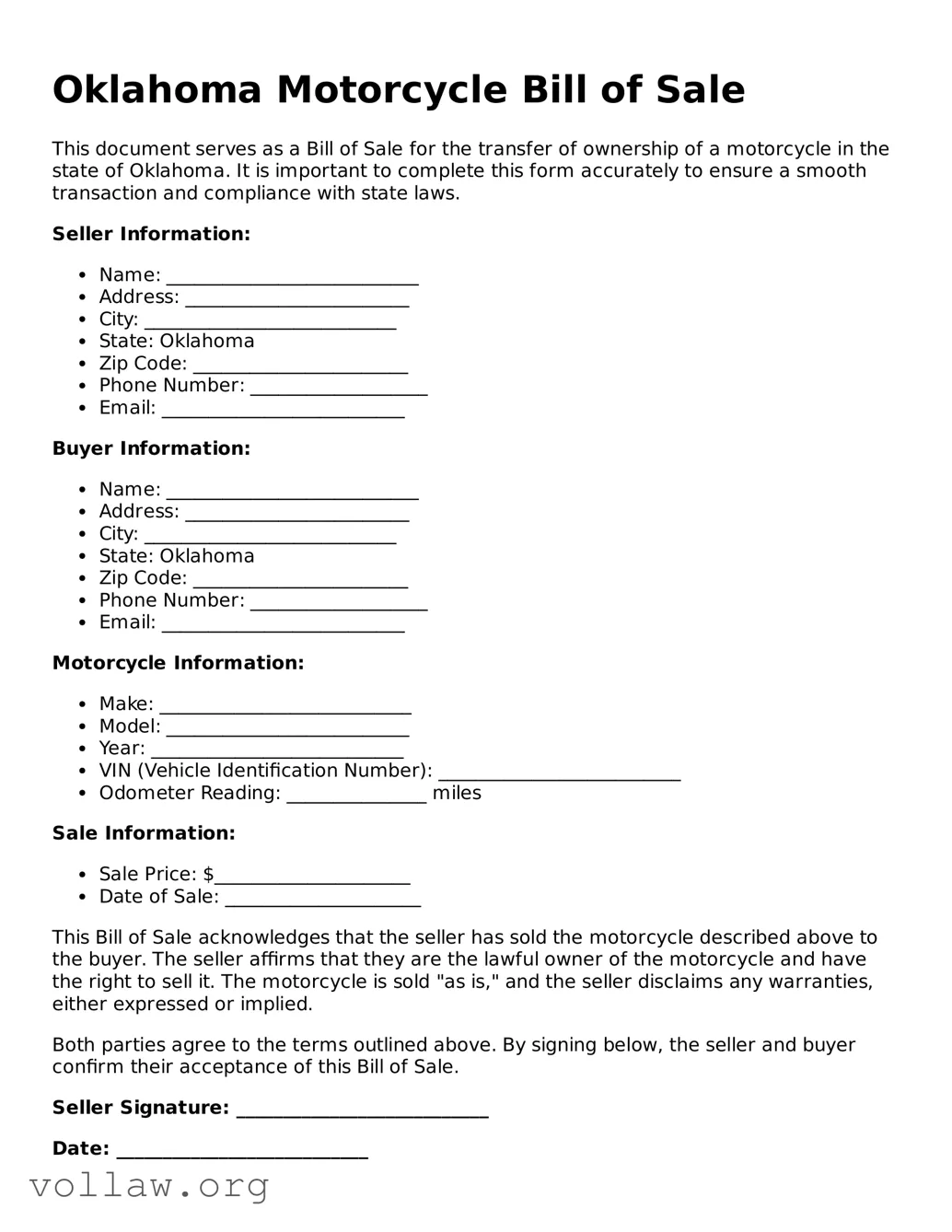 Attorney-Verified  Motorcycle Bill of Sale Form for Oklahoma