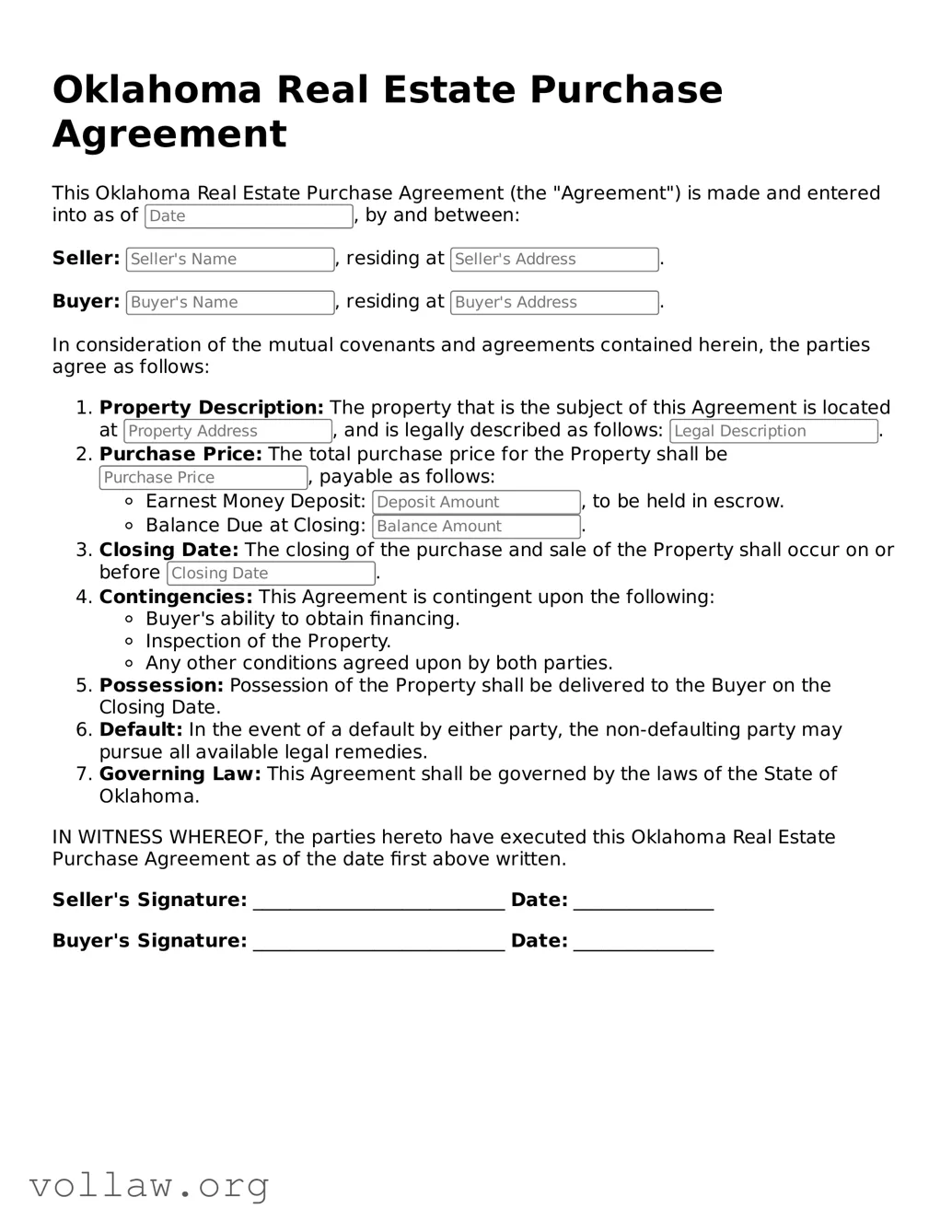 Attorney-Verified  Real Estate Purchase Agreement Form for Oklahoma