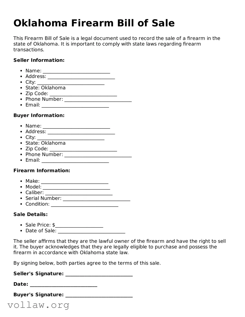 Attorney-Verified  Firearm Bill of Sale Form for Oklahoma