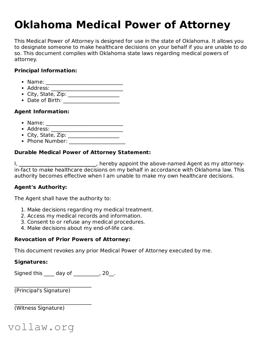 Attorney-Verified  Medical Power of Attorney Form for Oklahoma