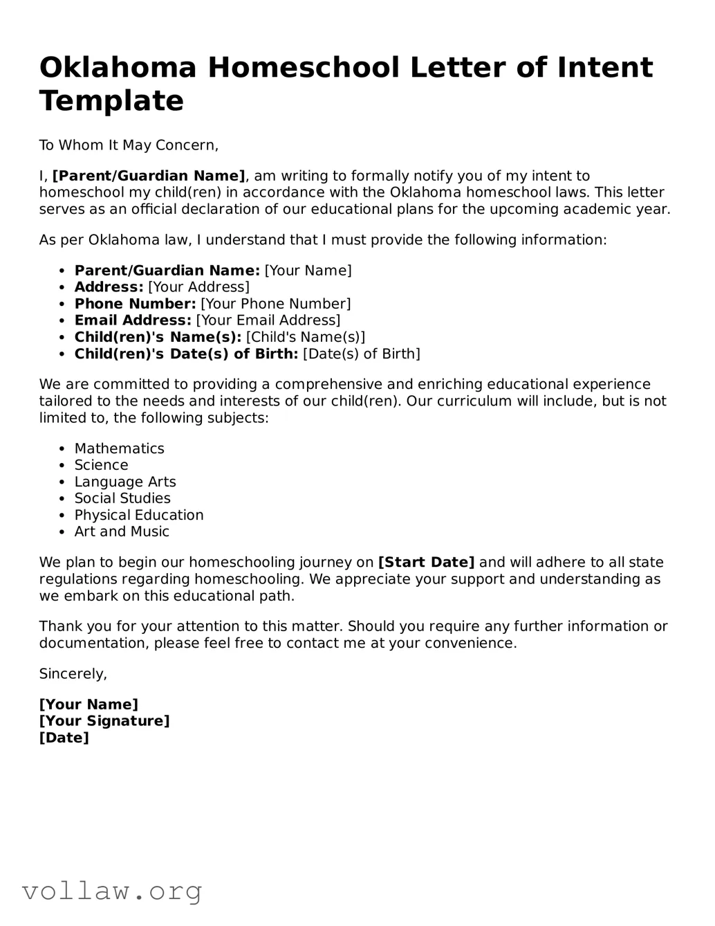 Attorney-Verified  Homeschool Letter of Intent Form for Oklahoma