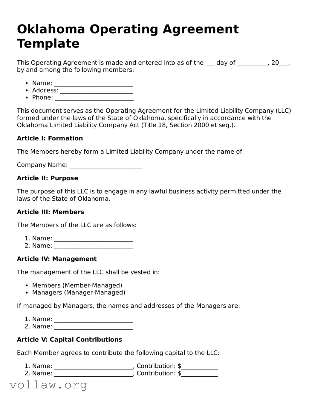 Attorney-Verified  Operating Agreement Form for Oklahoma