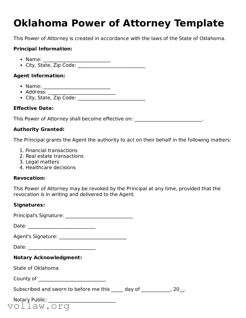 Attorney-Verified  Power of Attorney Form for Oklahoma