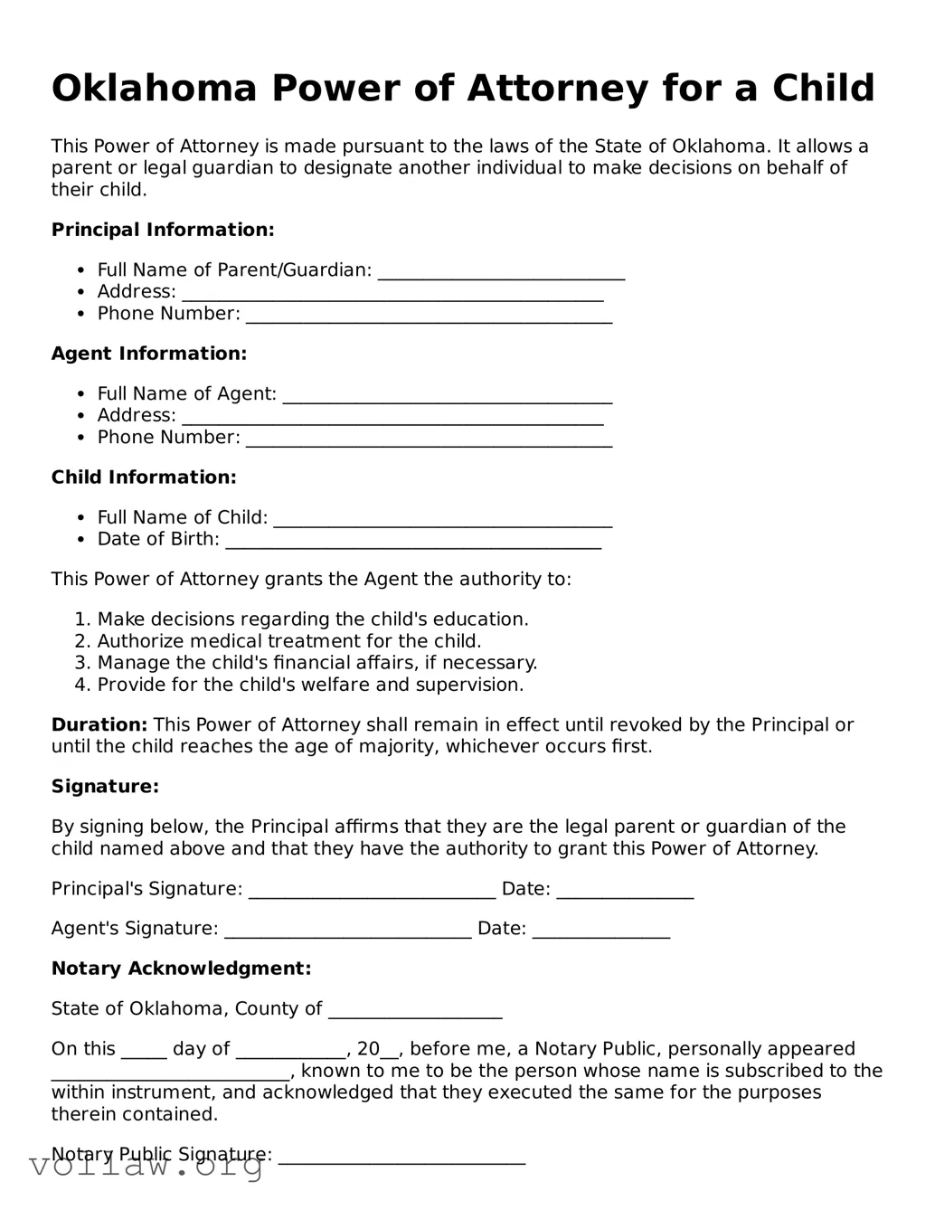 Attorney-Verified  Power of Attorney for a Child Form for Oklahoma