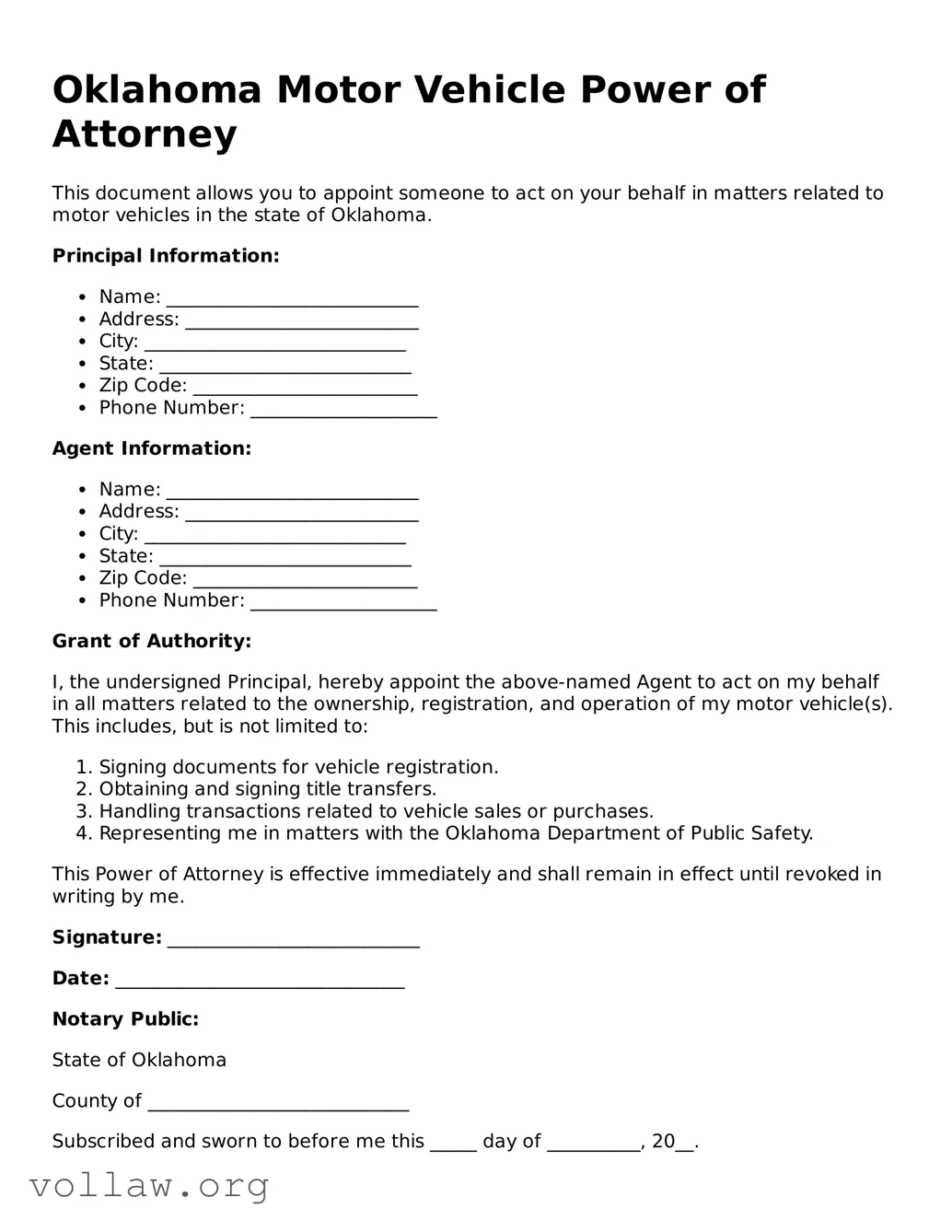 Attorney-Verified  Motor Vehicle Power of Attorney Form for Oklahoma