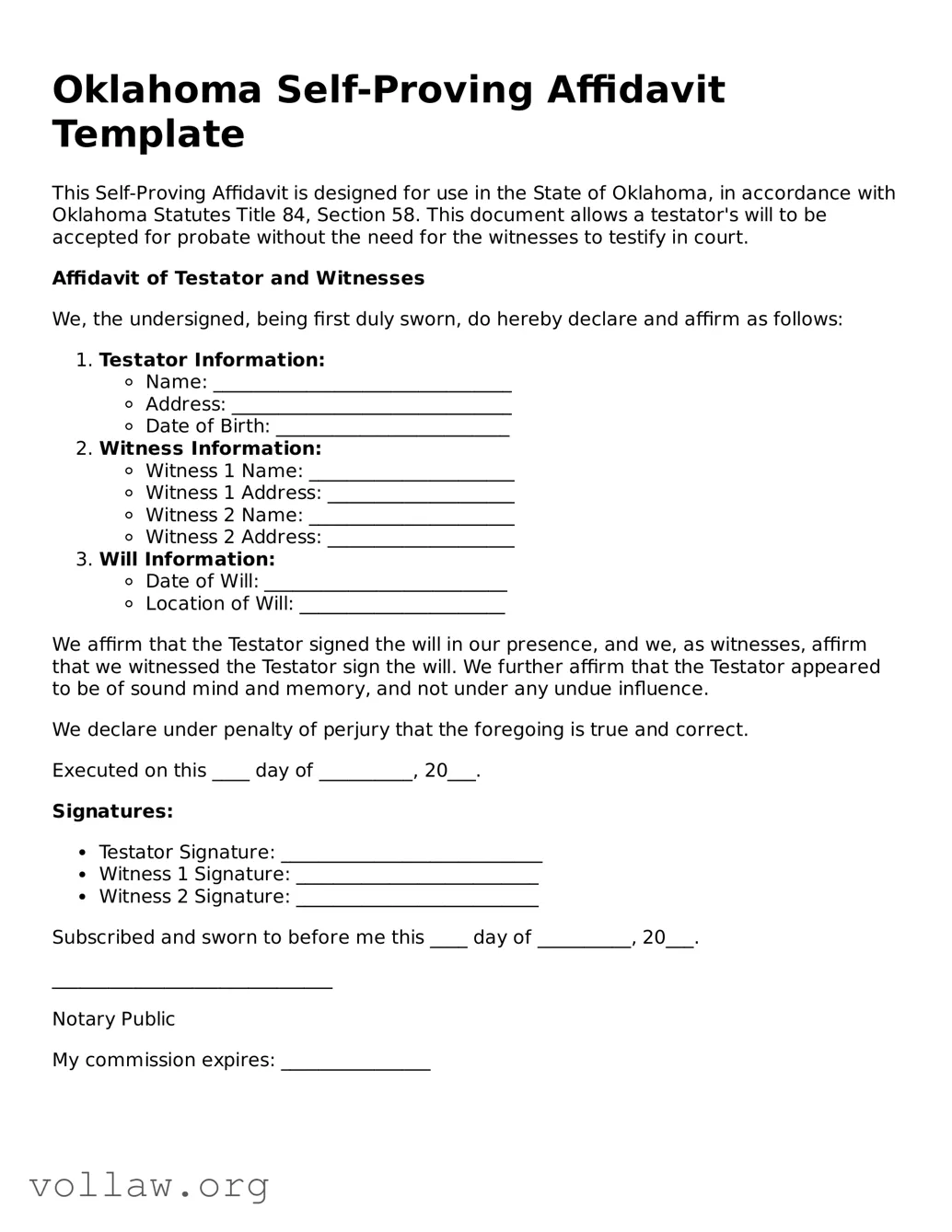 Attorney-Verified  Self-Proving Affidavit Form for Oklahoma