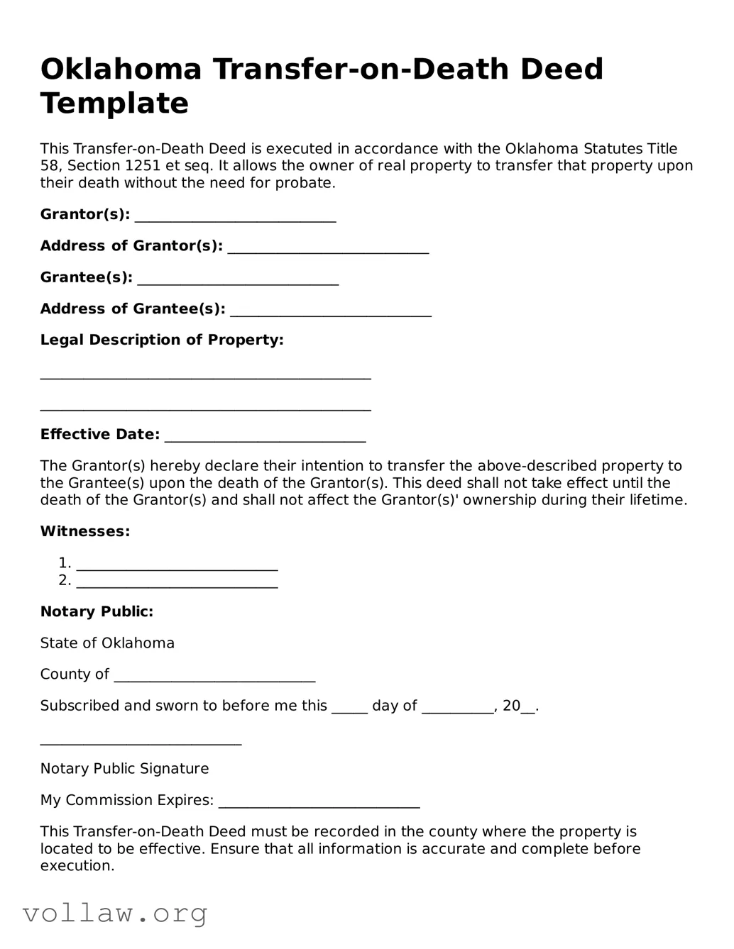Attorney-Verified  Transfer-on-Death Deed Form for Oklahoma