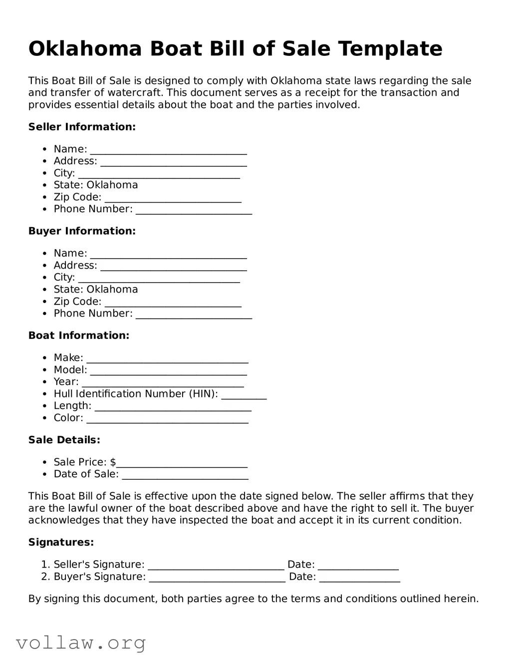 Attorney-Verified  Boat Bill of Sale Form for Oklahoma
