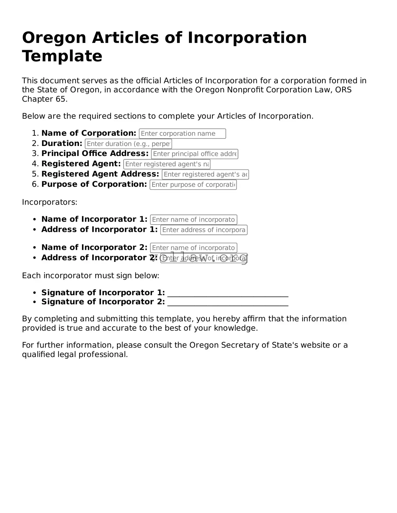 Attorney-Verified  Articles of Incorporation Form for Oregon