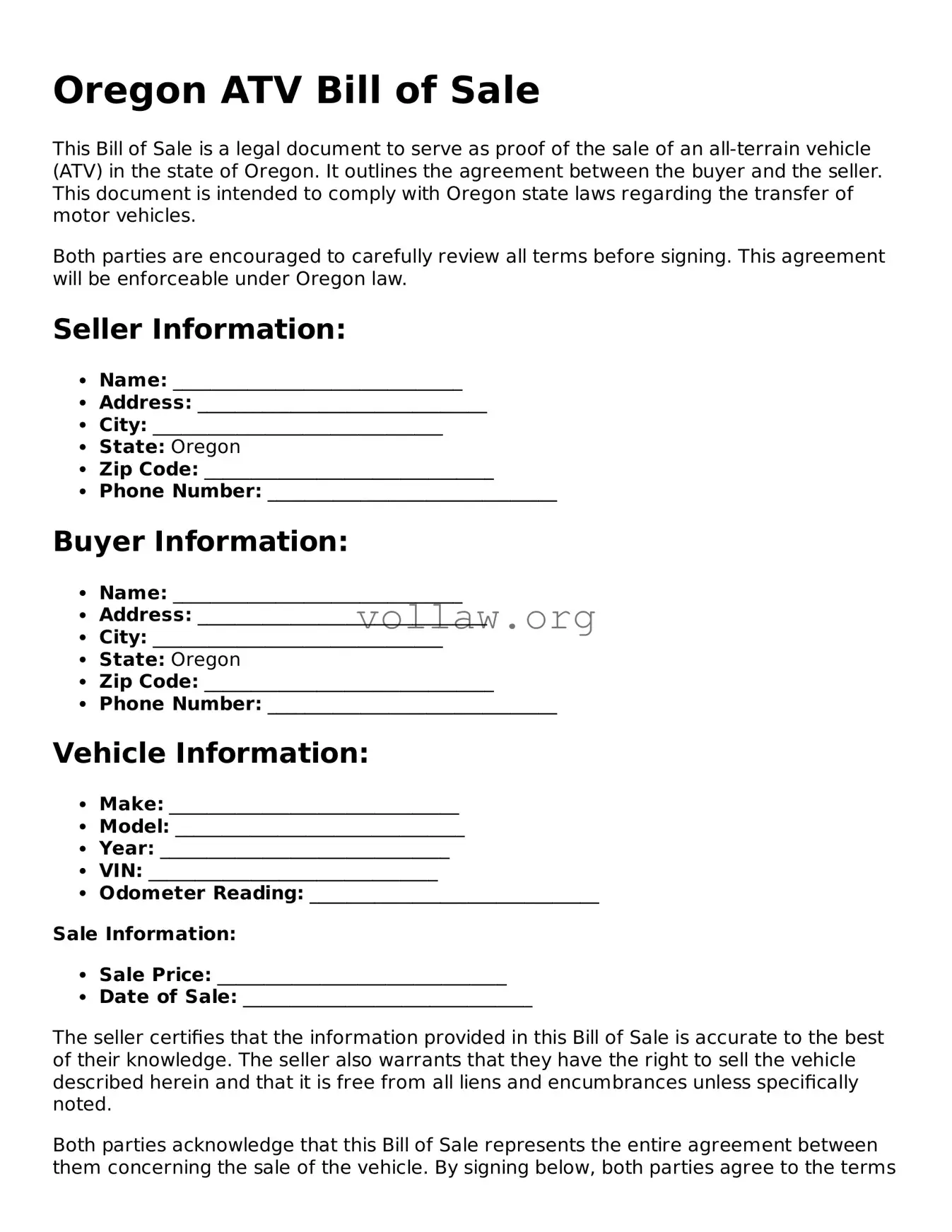 Attorney-Verified  ATV Bill of Sale Form for Oregon