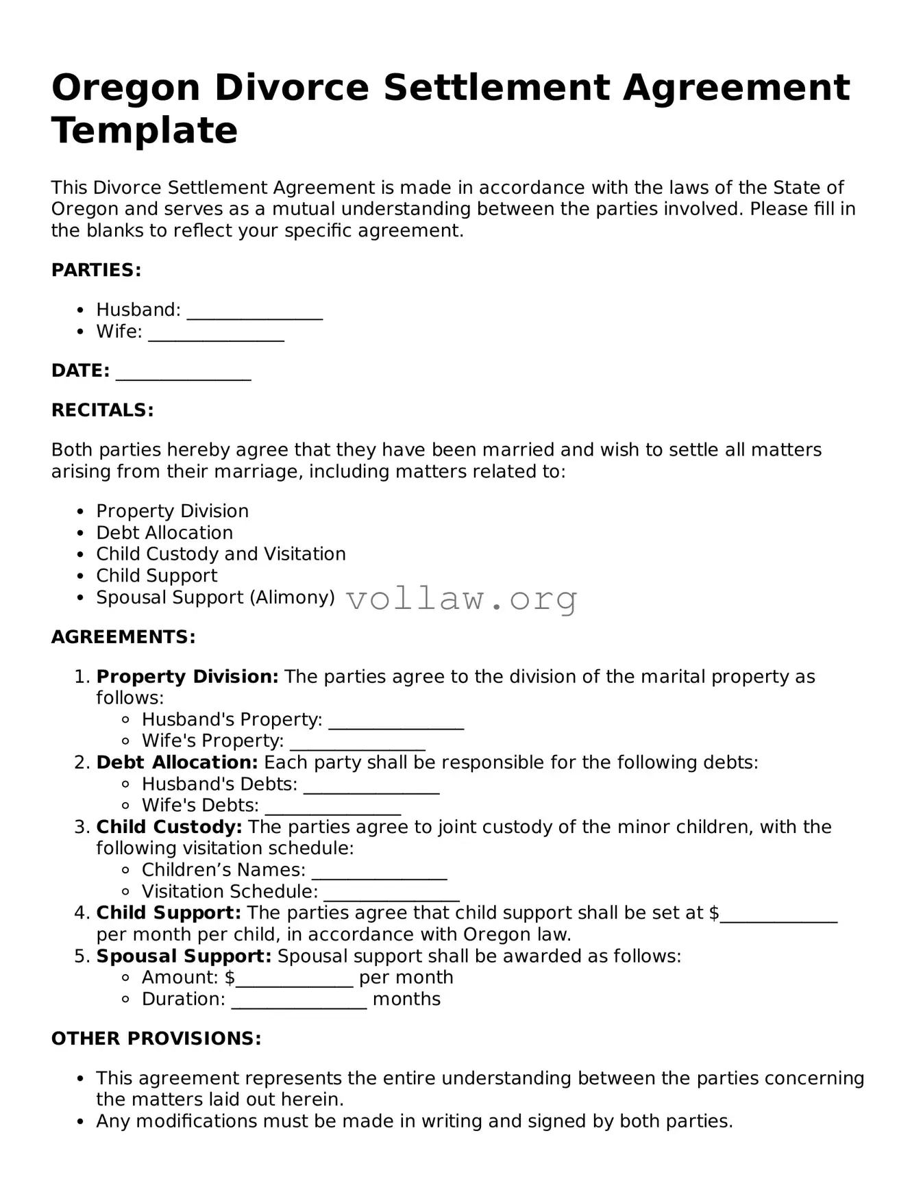Attorney-Verified  Divorce Settlement Agreement Form for Oregon