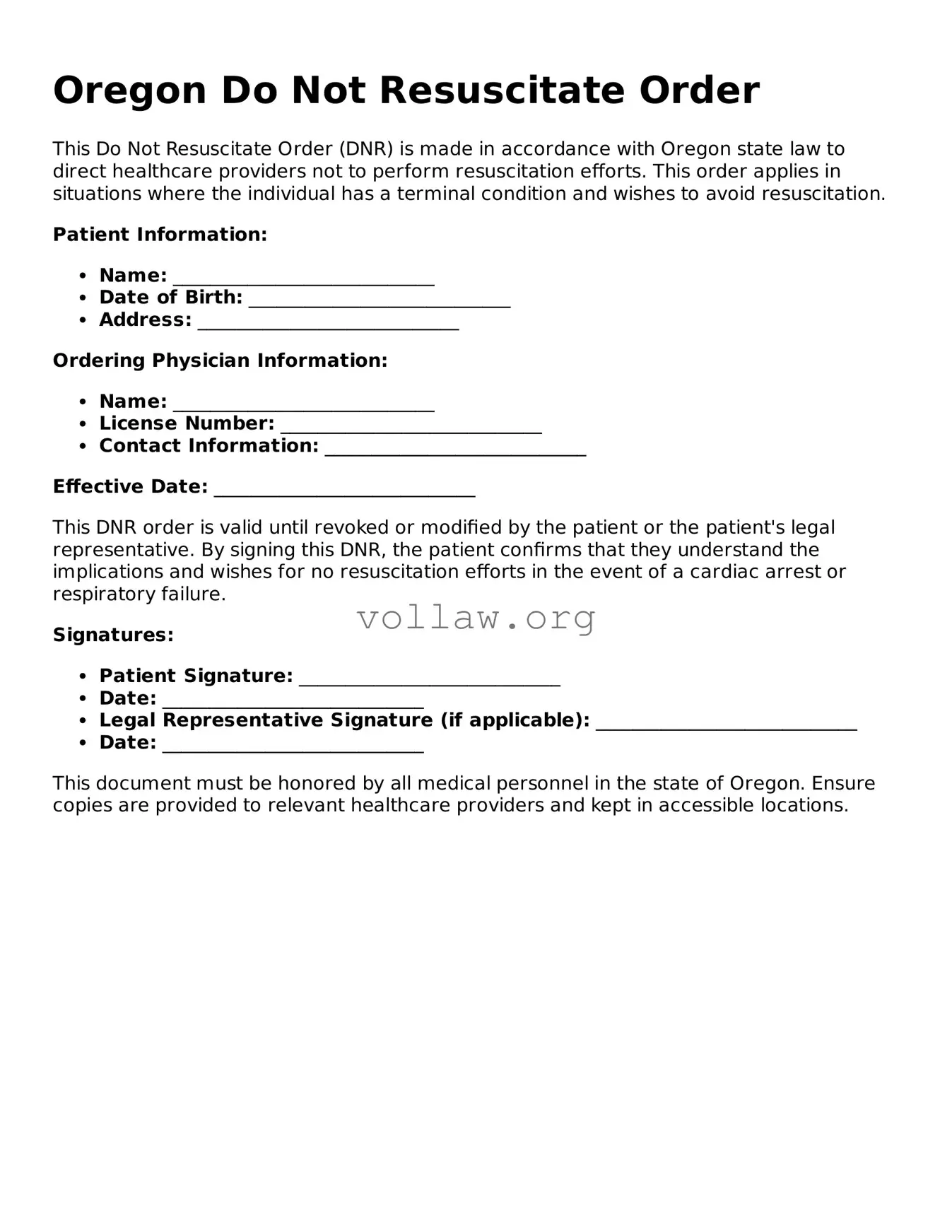 Attorney-Verified  Do Not Resuscitate Order Form for Oregon