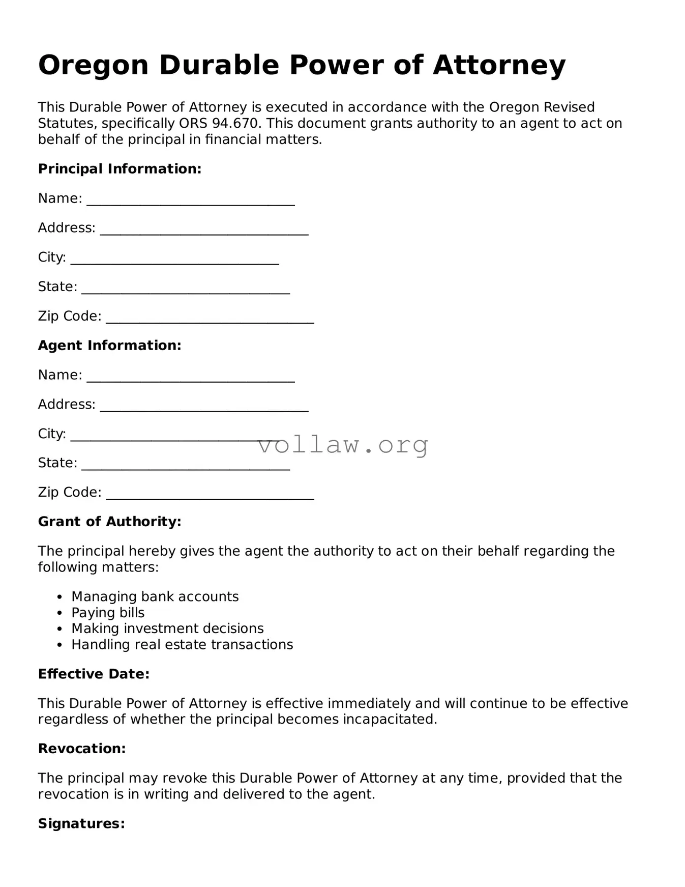 Attorney-Verified  Durable Power of Attorney Form for Oregon