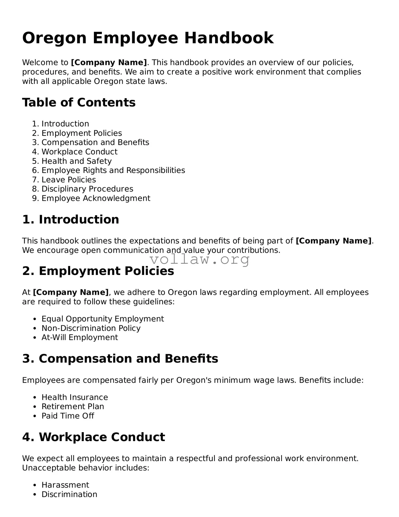 Attorney-Verified  Employee Handbook Form for Oregon