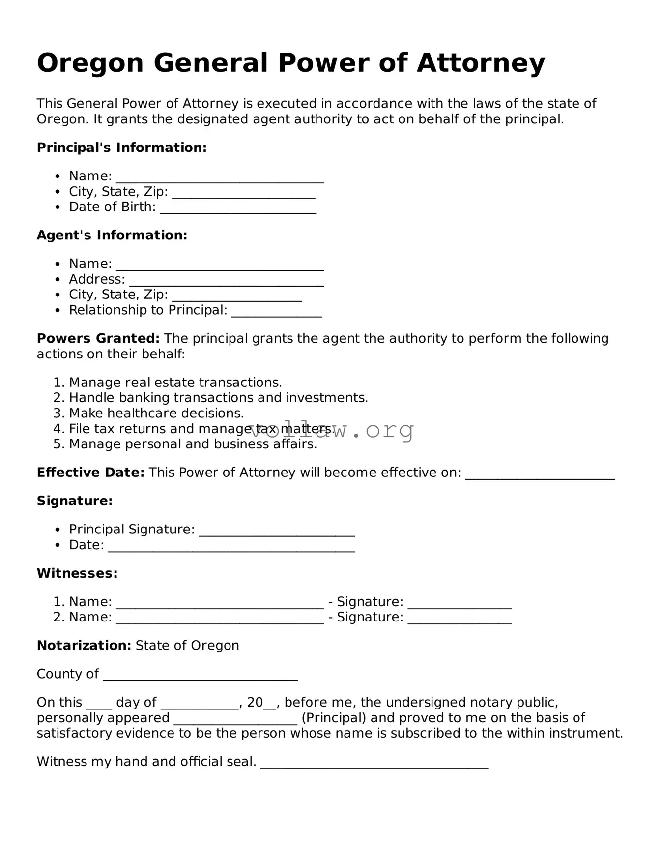 Attorney-Verified  General Power of Attorney Form for Oregon