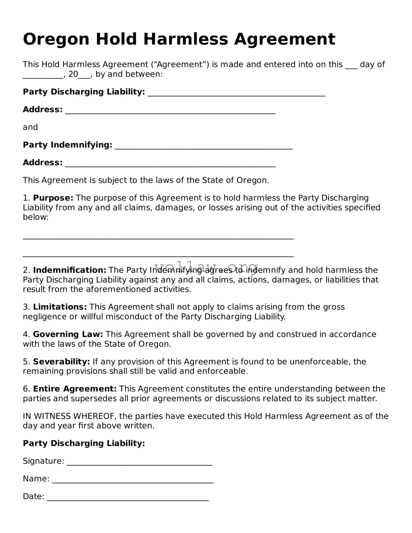 Attorney-Verified  Hold Harmless Agreement Form for Oregon