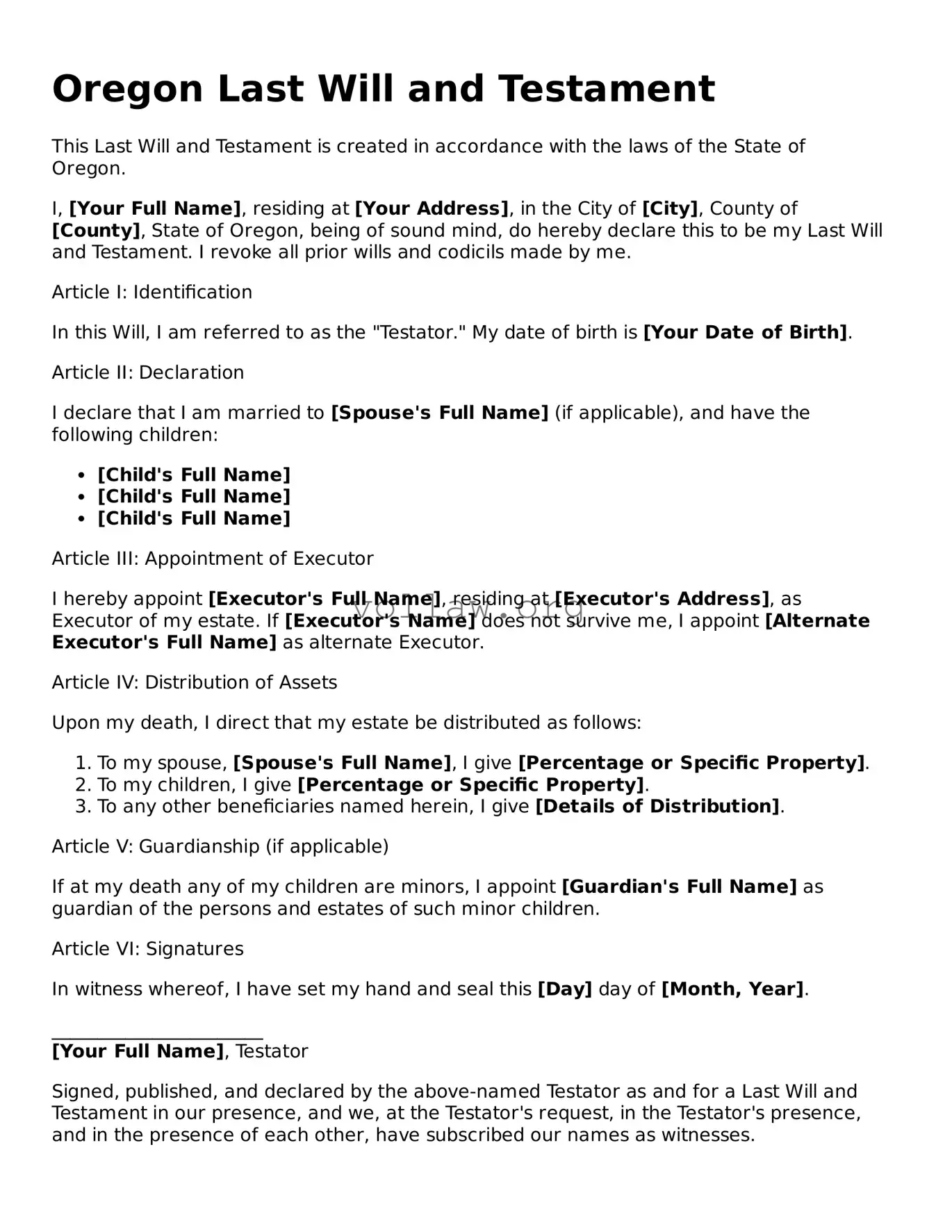 Attorney-Verified  Last Will and Testament Form for Oregon