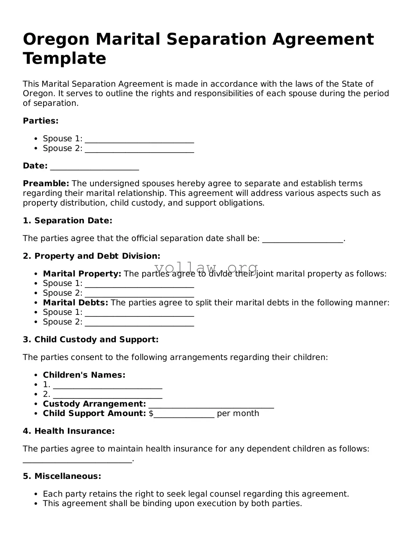 Attorney-Verified  Marital Separation Agreement Form for Oregon