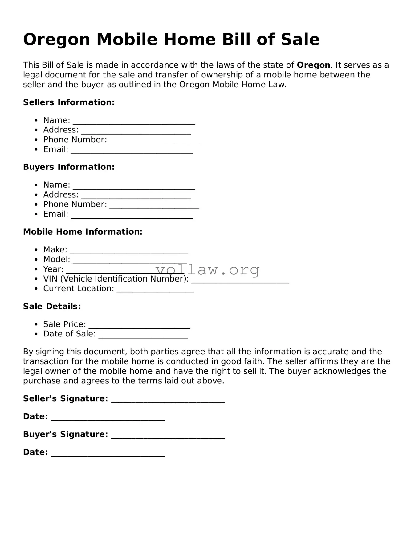 Attorney-Verified  Mobile Home Bill of Sale Form for Oregon
