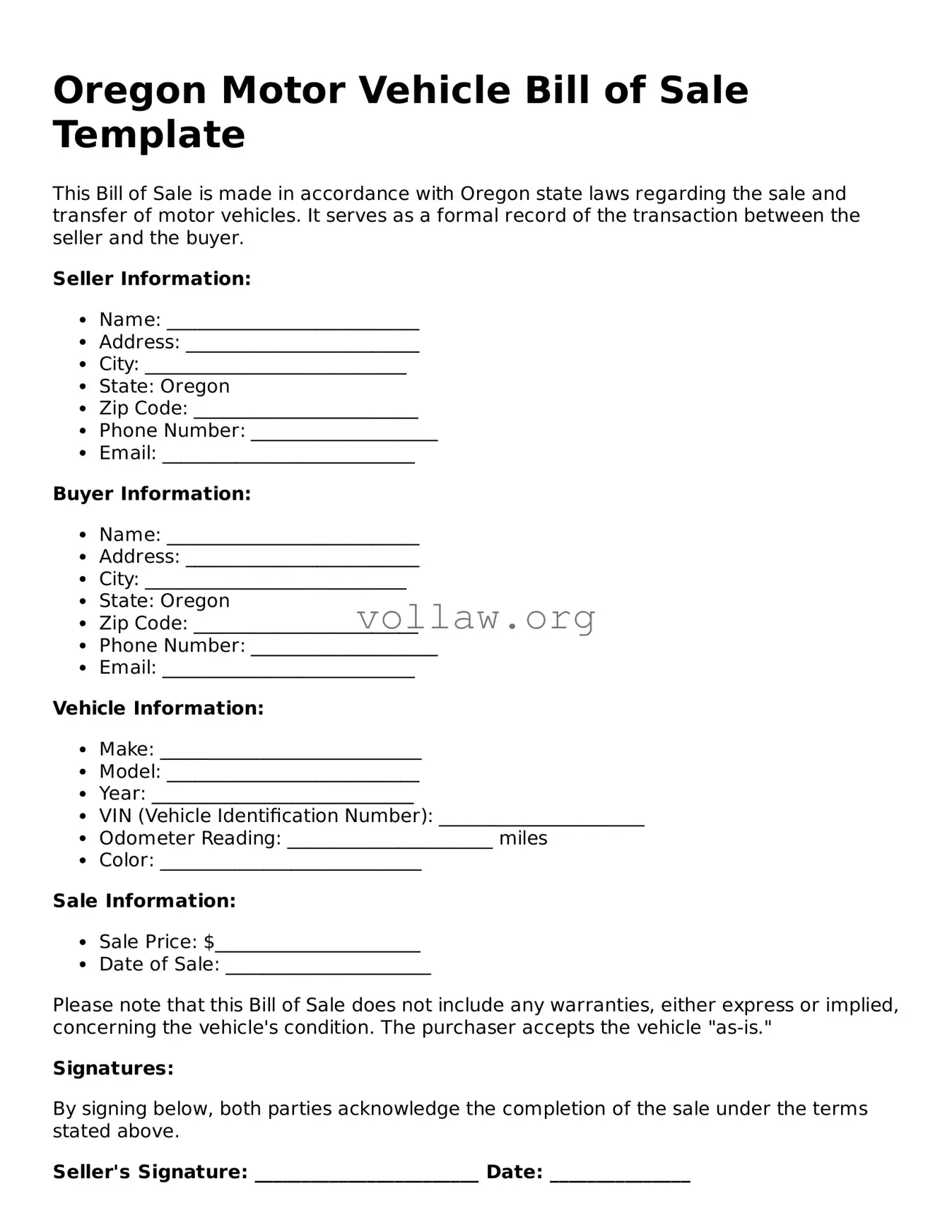 Attorney-Verified  Motor Vehicle Bill of Sale Form for Oregon