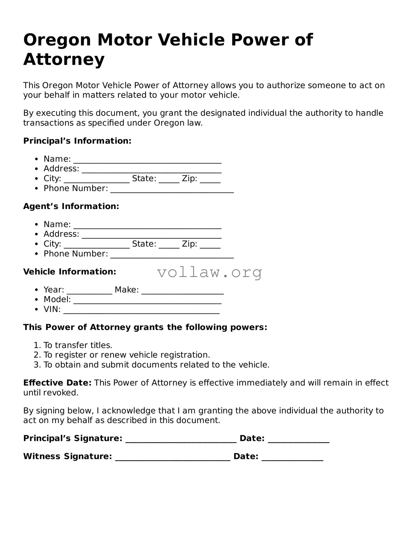Attorney-Verified  Motor Vehicle Power of Attorney Form for Oregon