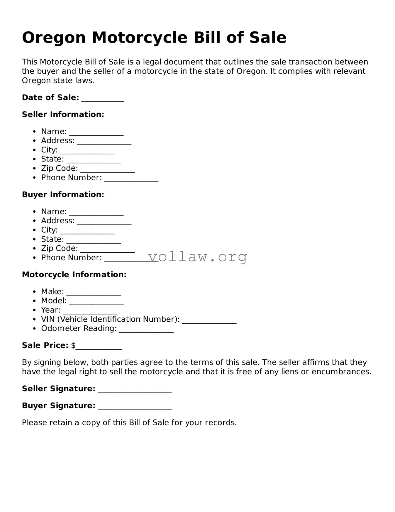 Attorney-Verified  Motorcycle Bill of Sale Form for Oregon