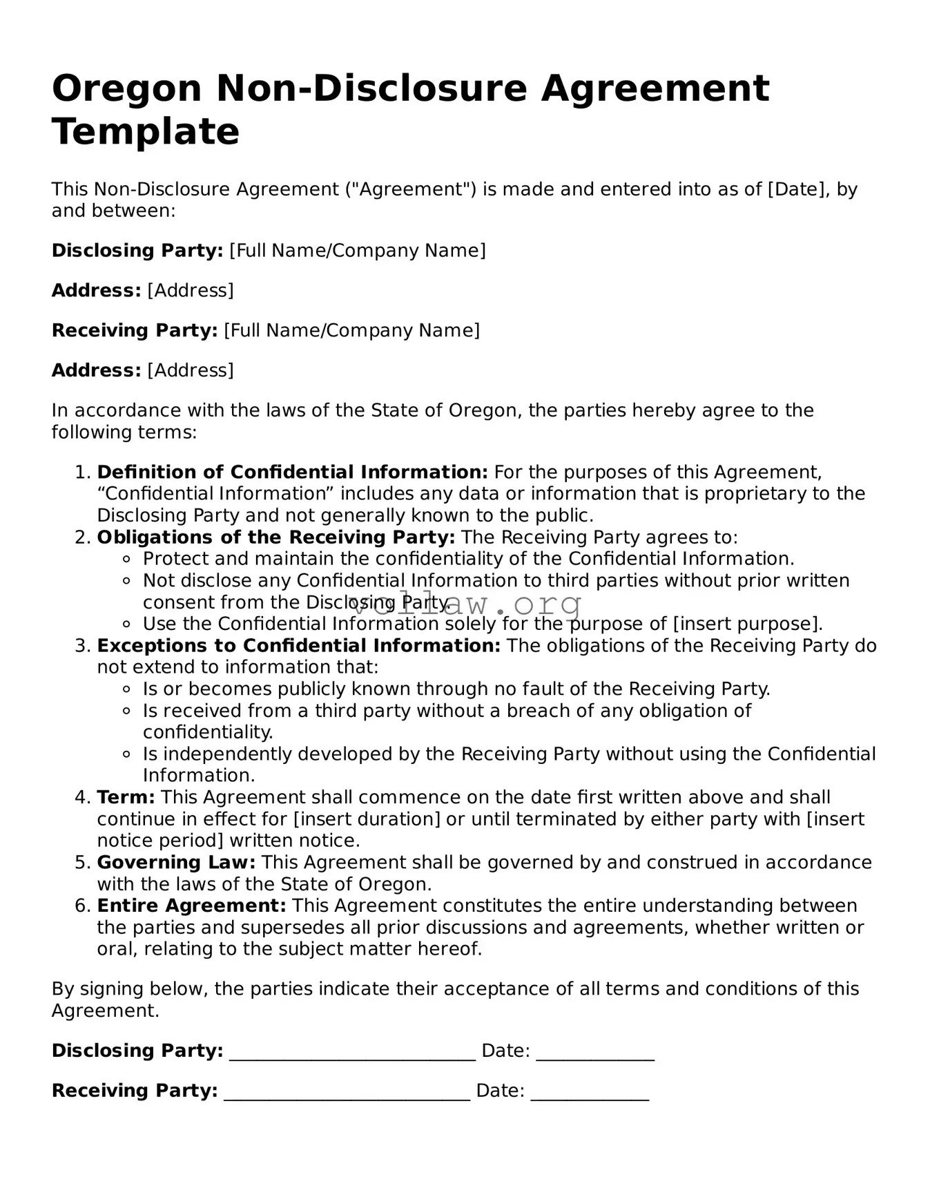 Attorney-Verified  Non-disclosure Agreement Form for Oregon