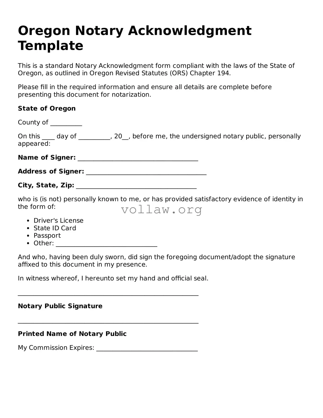 Attorney-Verified  Notary Acknowledgement Form for Oregon