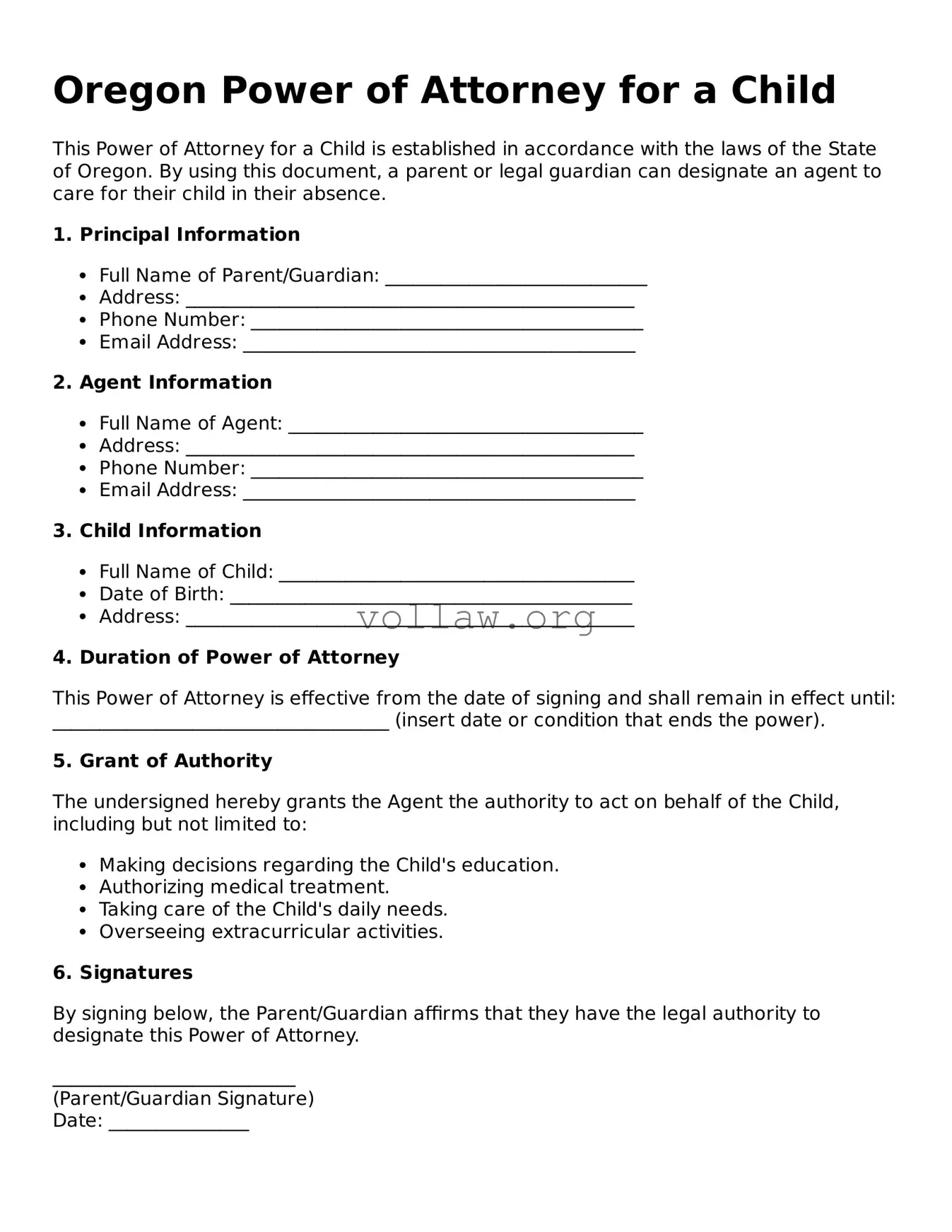 Attorney-Verified  Power of Attorney for a Child Form for Oregon