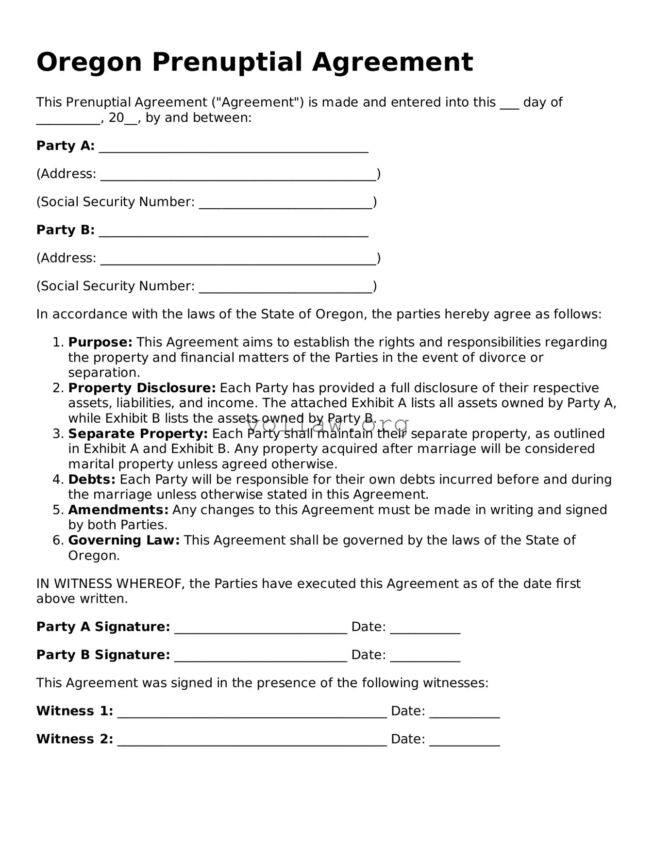 Attorney-Verified  Prenuptial Agreement Form for Oregon