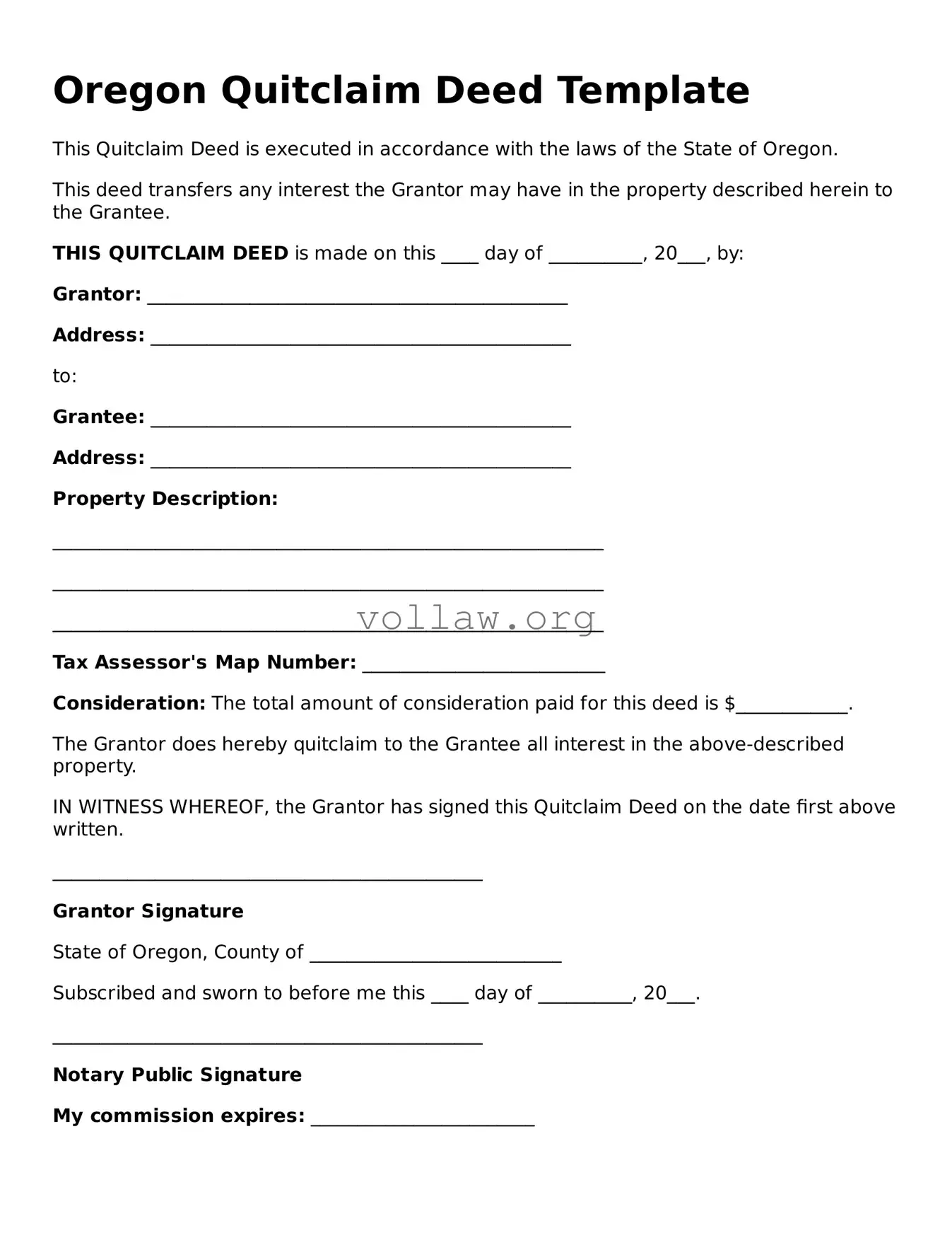Attorney-Verified  Quitclaim Deed Form for Oregon