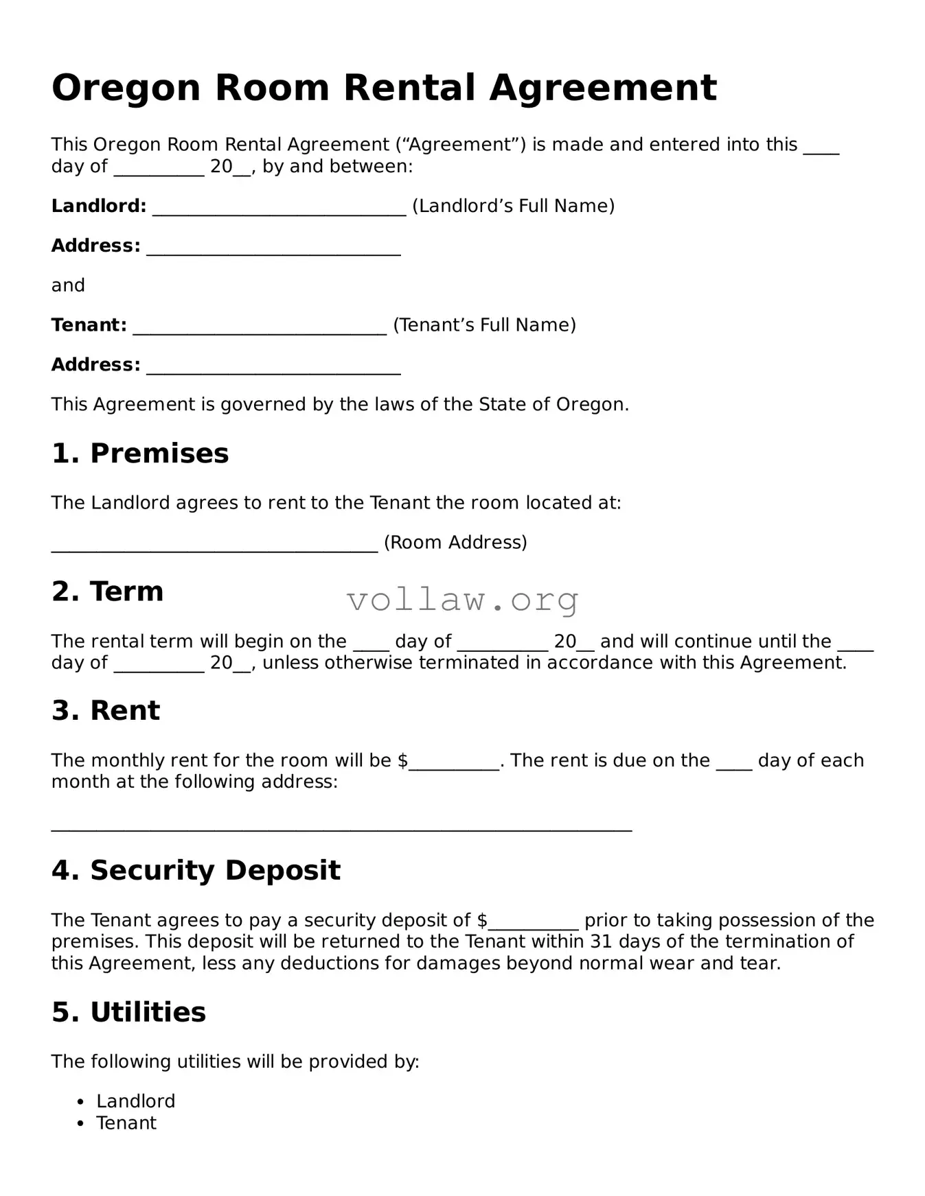 Attorney-Verified  Room Rental Agreement Form for Oregon