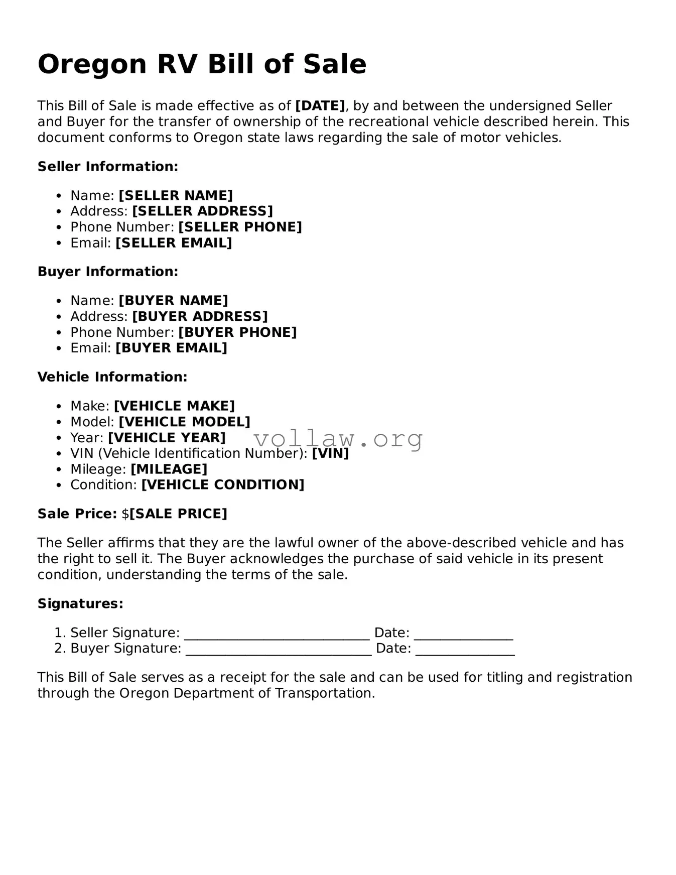 Attorney-Verified  RV Bill of Sale Form for Oregon