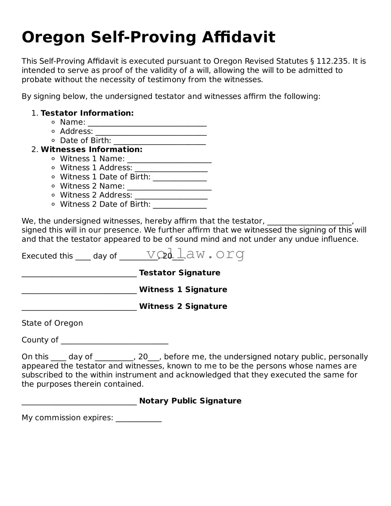 Attorney-Verified  Self-Proving Affidavit Form for Oregon