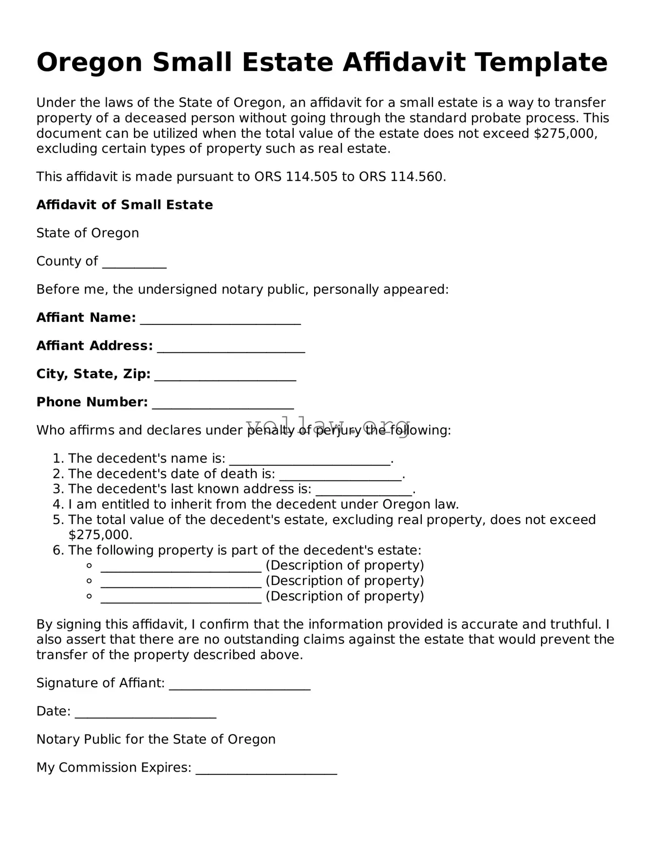 Attorney-Verified  Small Estate Affidavit Form for Oregon