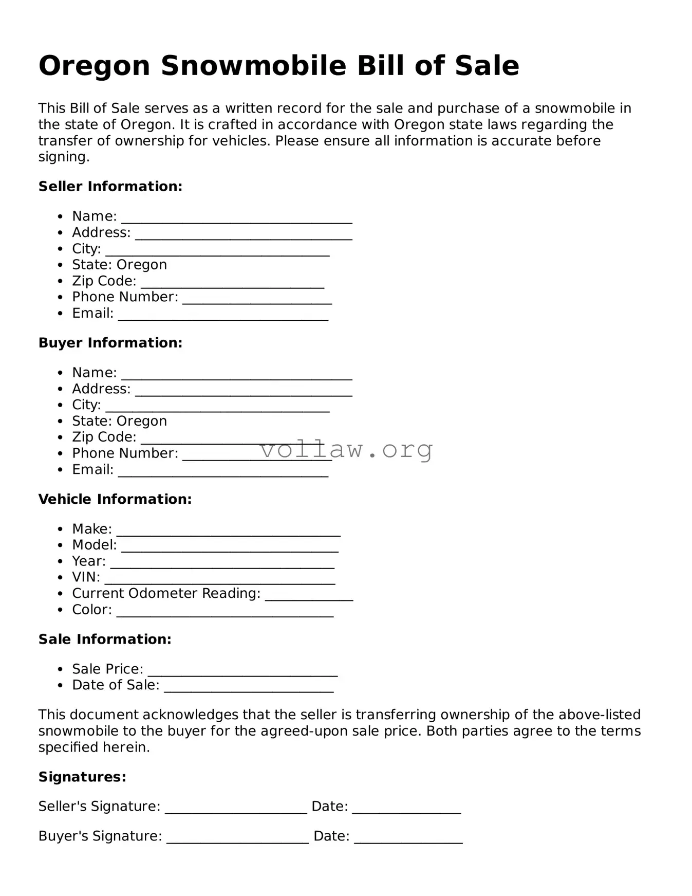 Attorney-Verified  Snowmobile Bill of Sale Form for Oregon