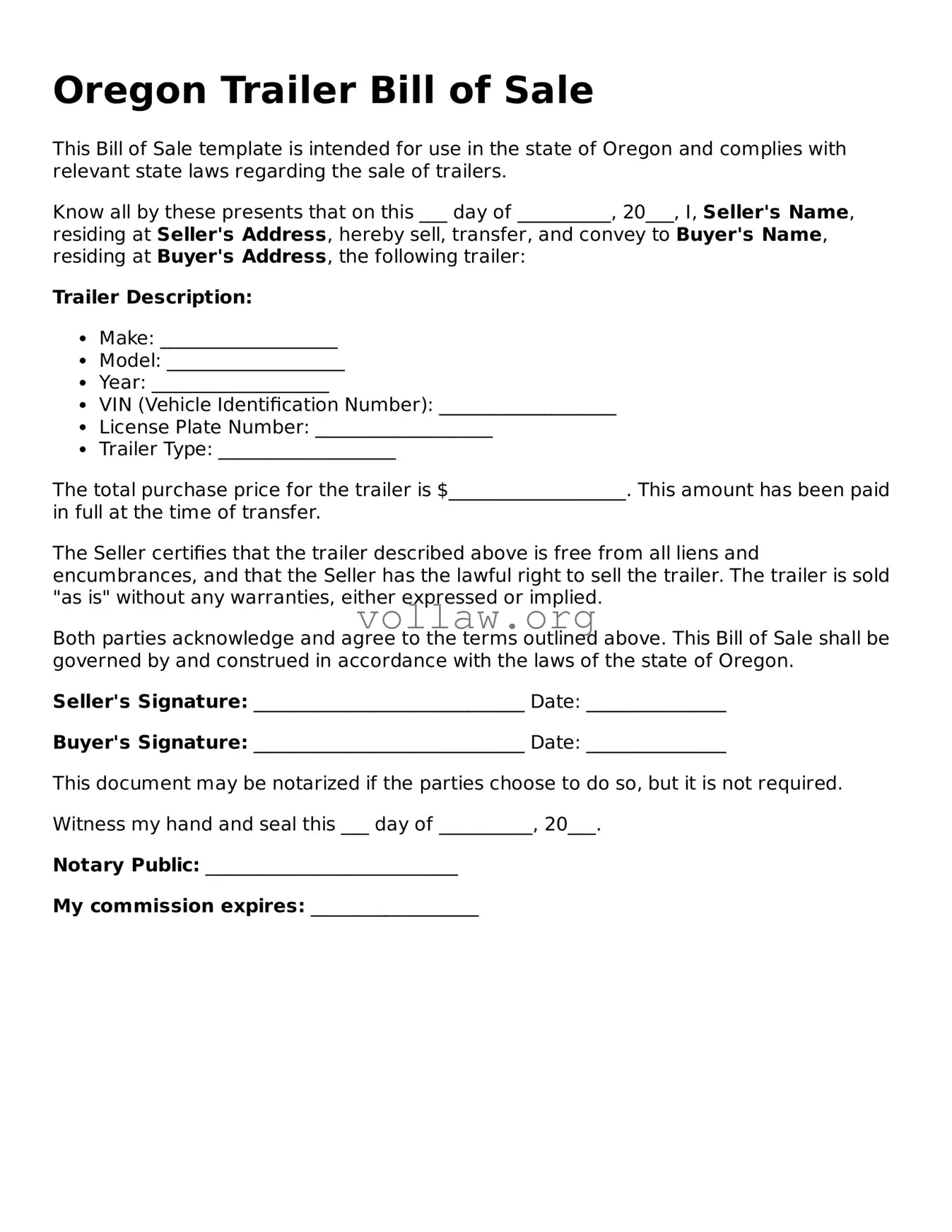 Attorney-Verified  Trailer Bill of Sale Form for Oregon