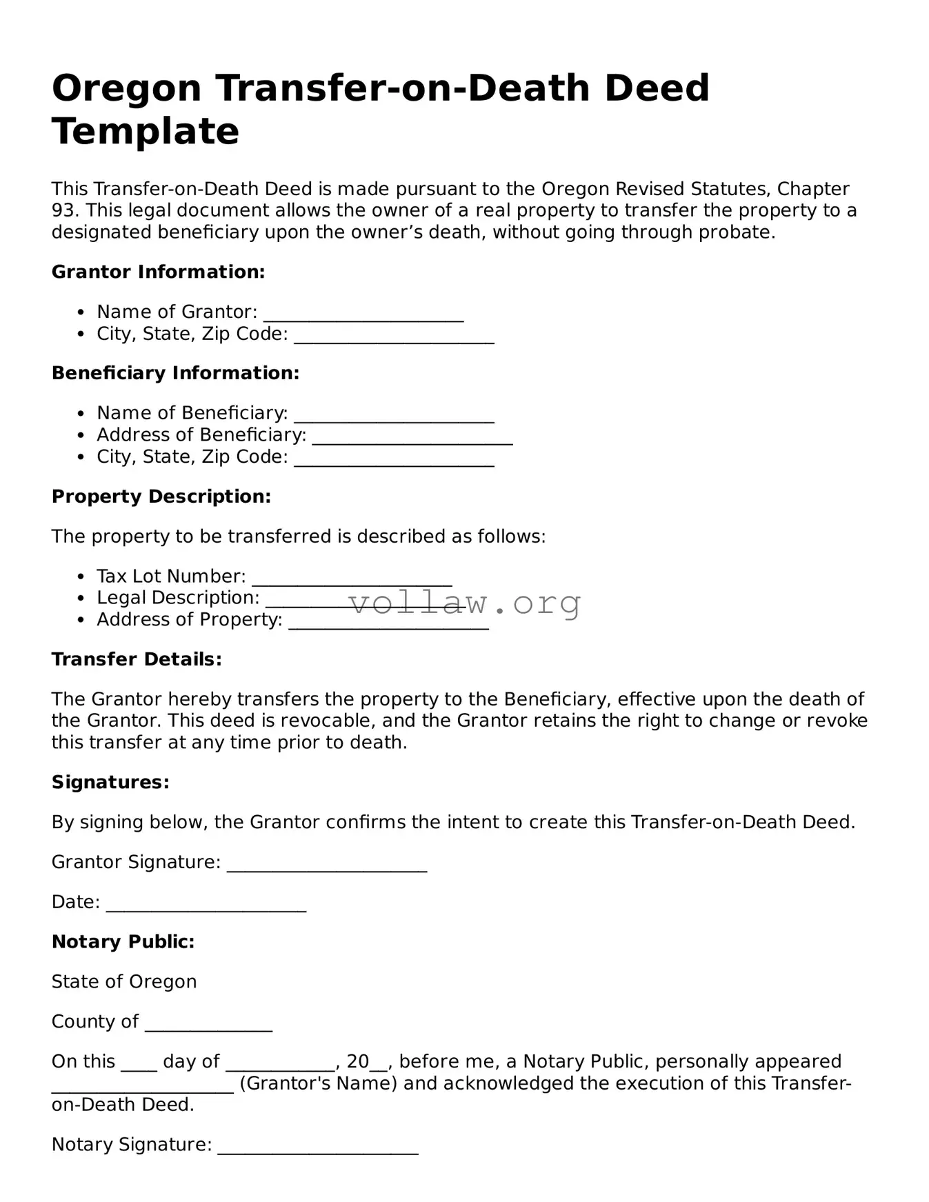 Attorney-Verified  Transfer-on-Death Deed Form for Oregon