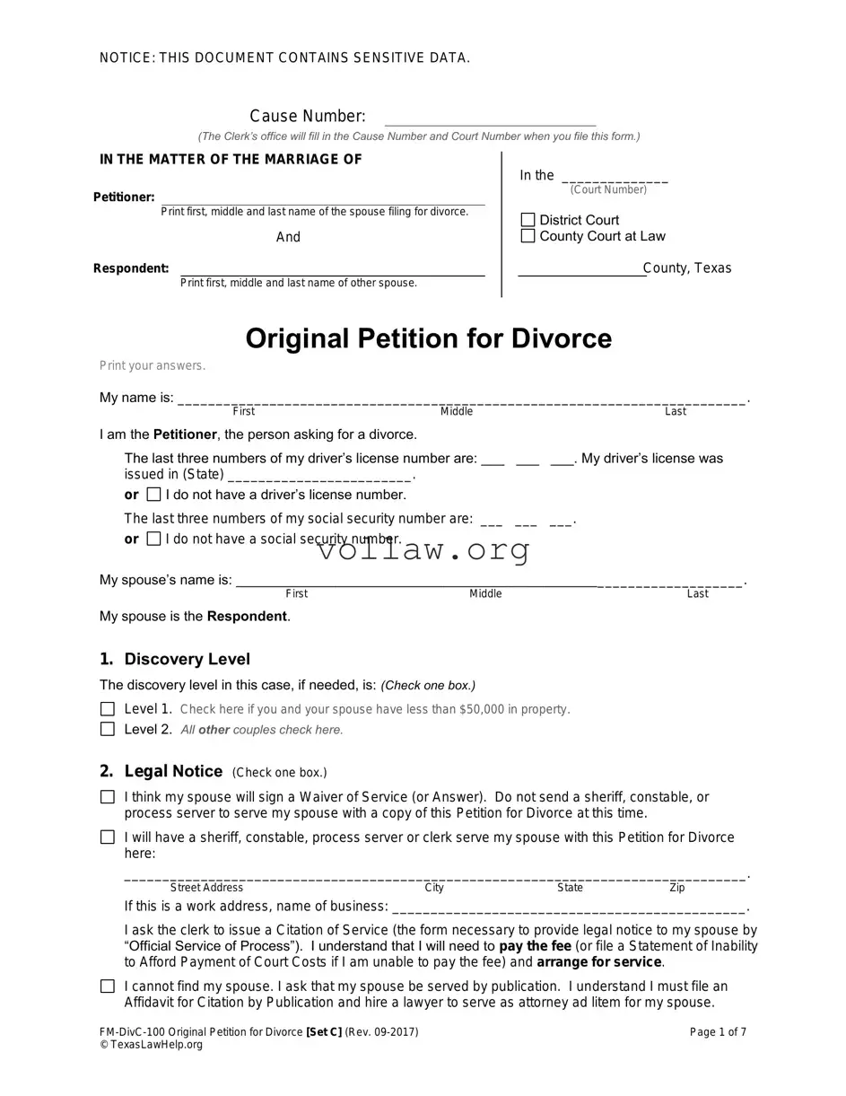 Texas Law Help FM-DivC-100 Original Petition for Divorce Set C Template