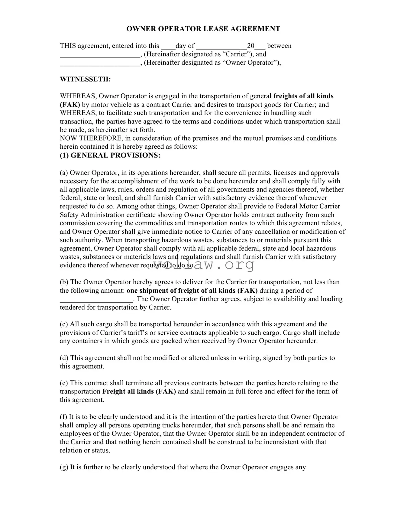 Owner Operator Lease Agreement Template