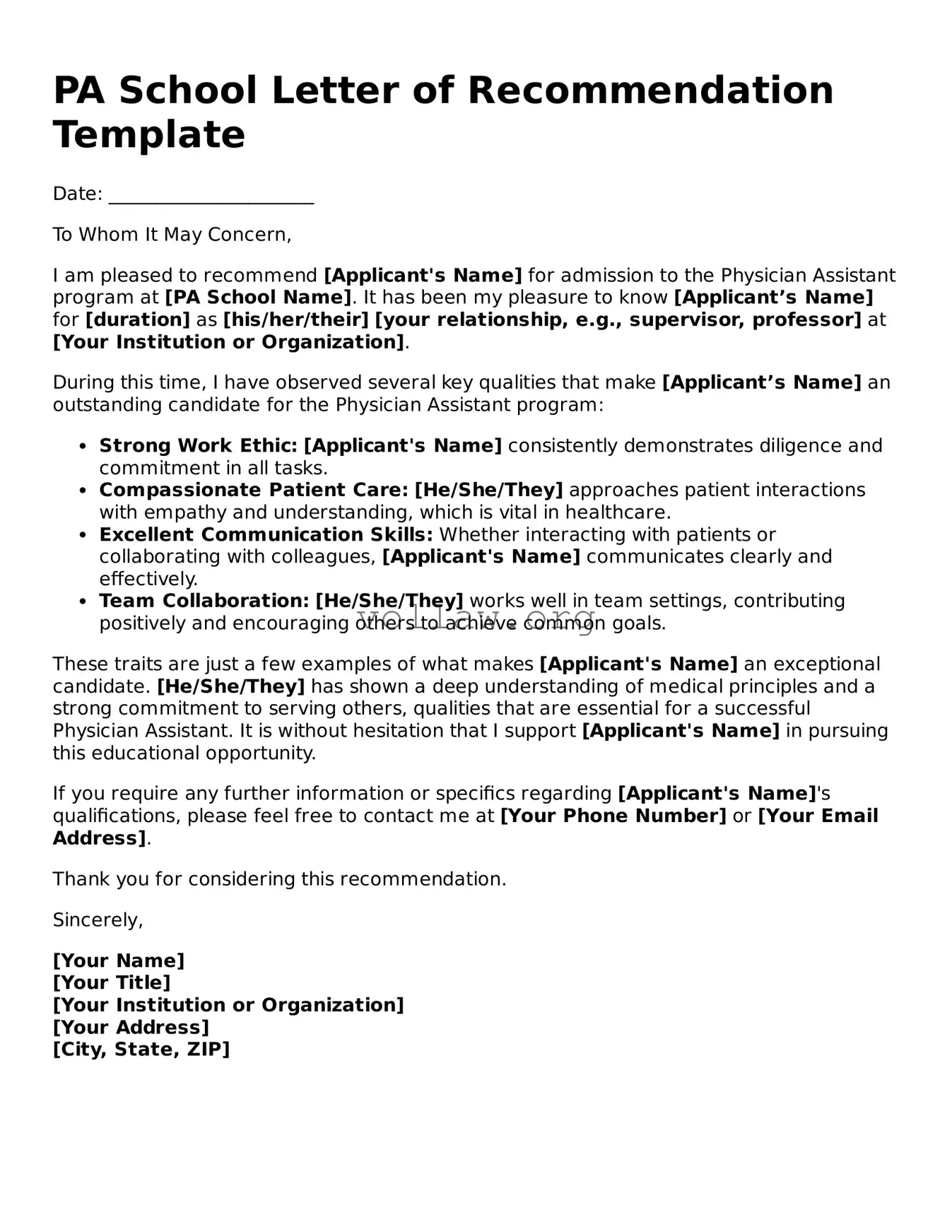 Free PA School Letter of Recommendation Form