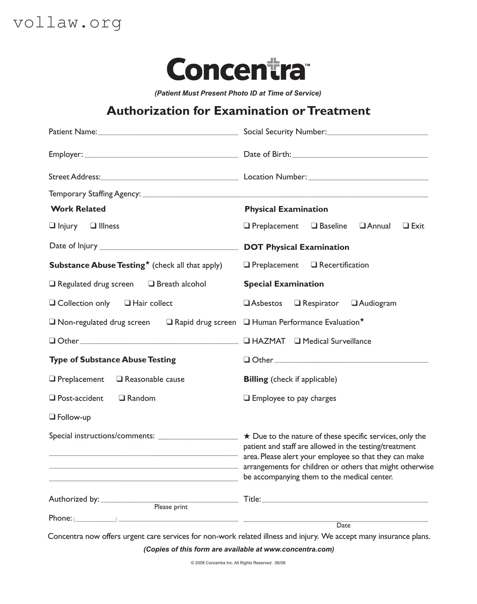 Concentra Authorization Template