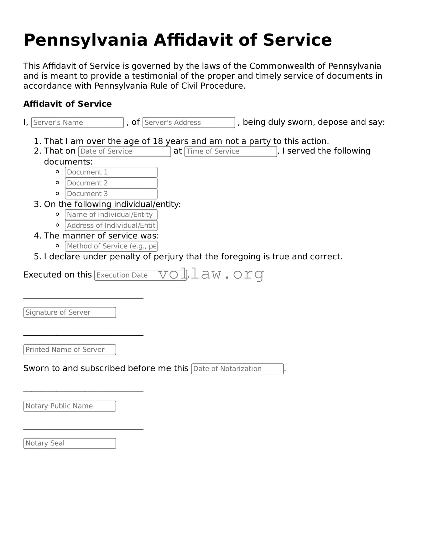 Attorney-Verified  Affidavit of Service Form for Pennsylvania