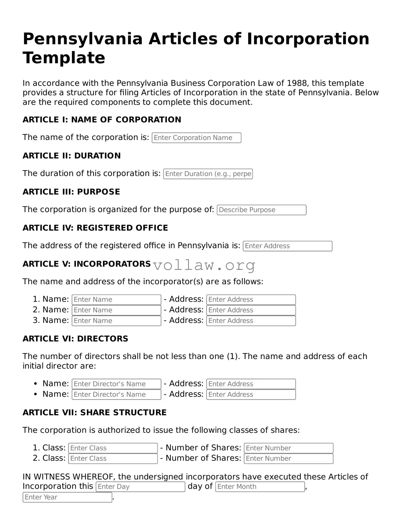 Attorney-Verified  Articles of Incorporation Form for Pennsylvania